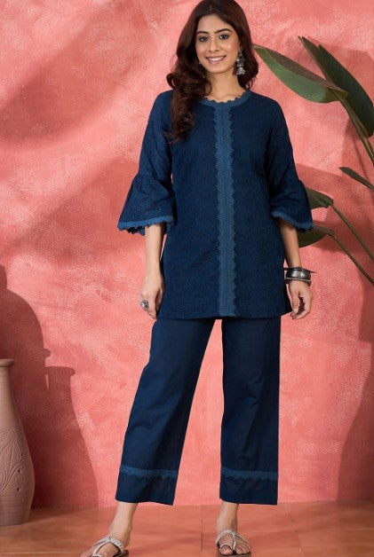 Schiffli Embroidered Pure Cotton Top & Trouser Co-Ord Set