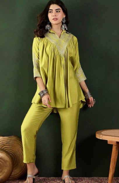 Green Shirt Collar Tunic With Trouser Co-Ords