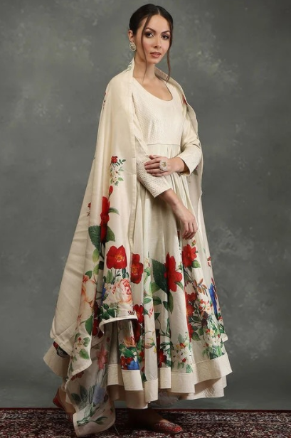 Off-White Silk Chanderi Floral Anarkali Suit Set