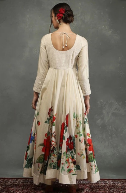 Off-White Silk Chanderi Floral Anarkali Suit Set