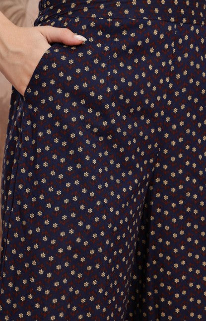 Floral Print Shirt Collar High-Low Side Slits A-Line Top with Palazzos