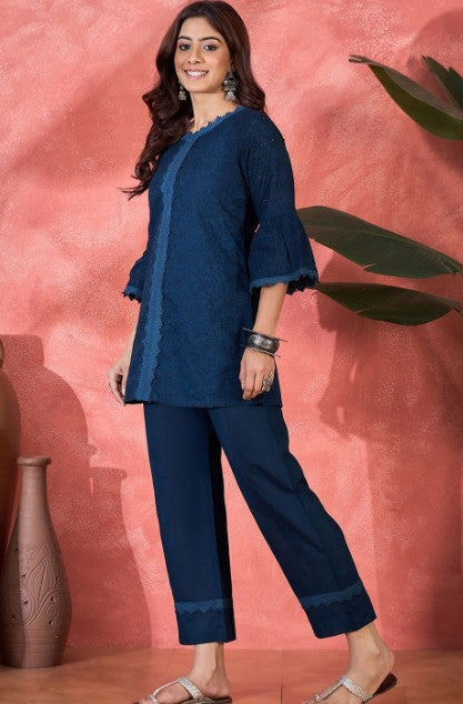 Schiffli Embroidered Pure Cotton Top & Trouser Co-Ord Set