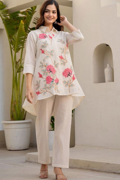 Embroidered Pure Cotton Shirt Collar Top With Trousers Co-Ords Set