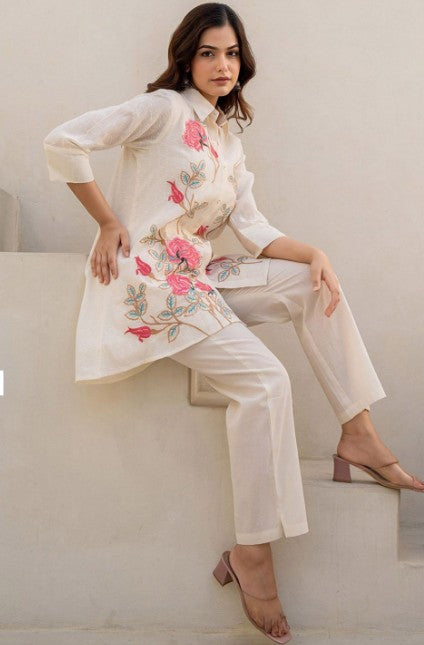 Embroidered Pure Cotton Shirt Collar Top With Trousers Co-Ords Set