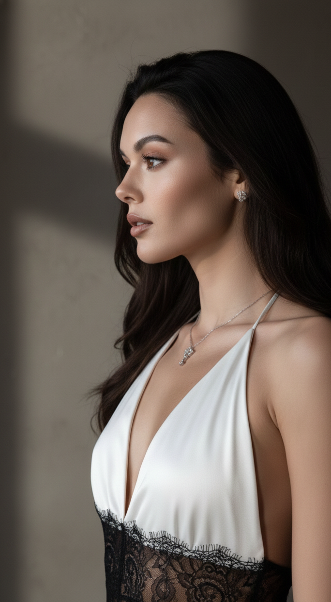 Contrast-Detail Satin Dress