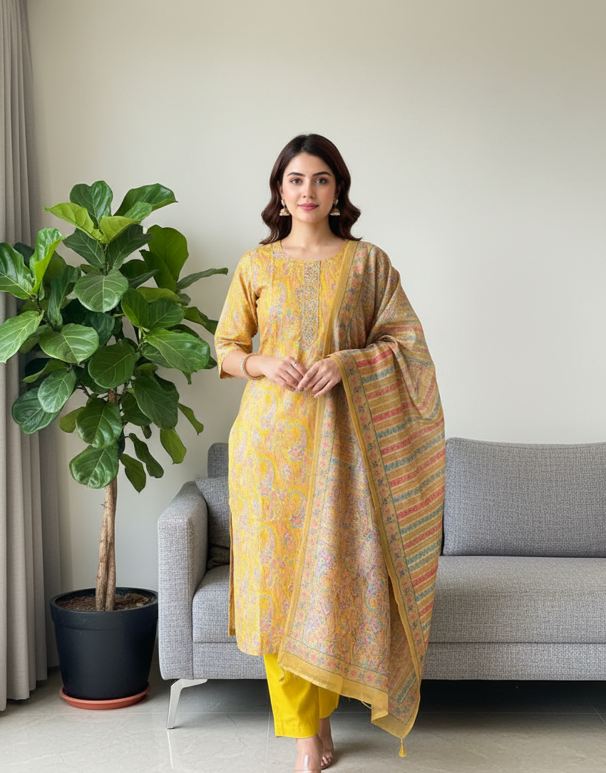 Yellow Chanderi Paisley Kurta Set