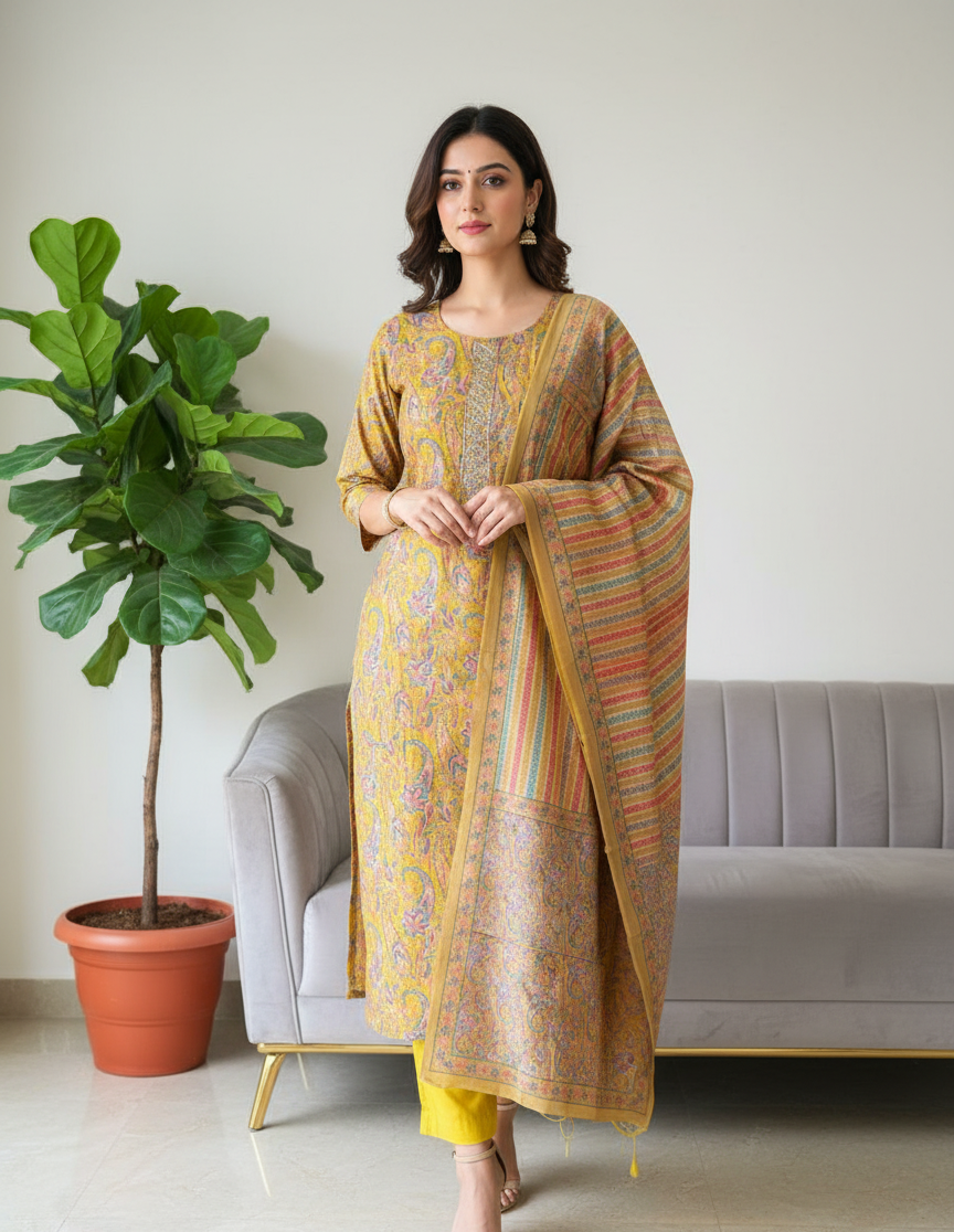 Yellow Chanderi Paisley Kurta Set