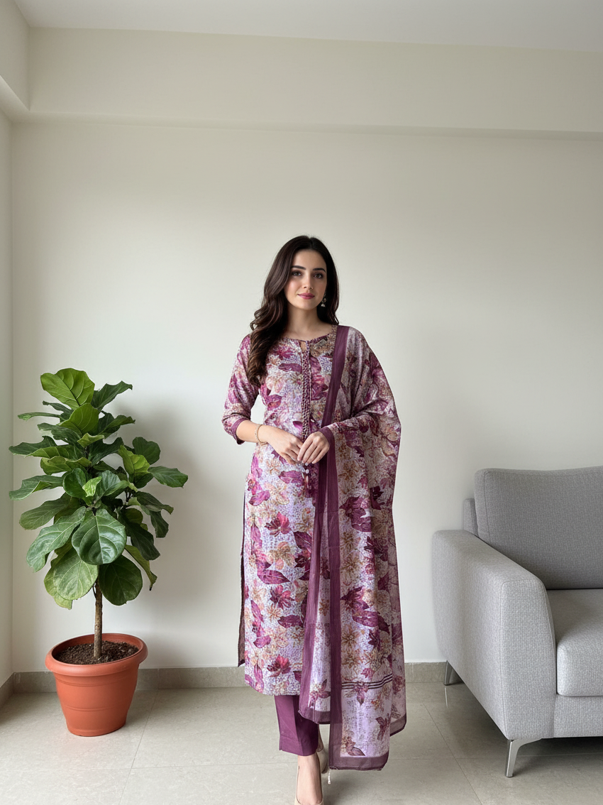 Purple Floral Handwork Kurta Set