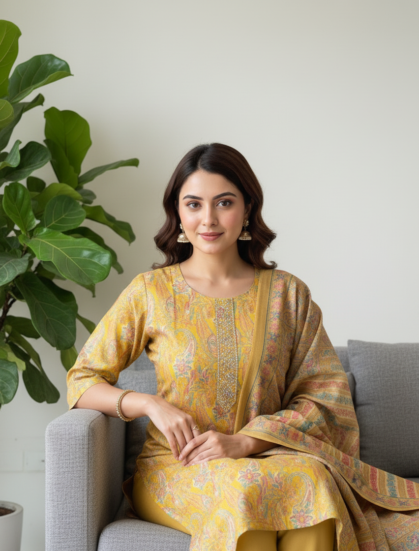 Yellow Chanderi Paisley Kurta Set