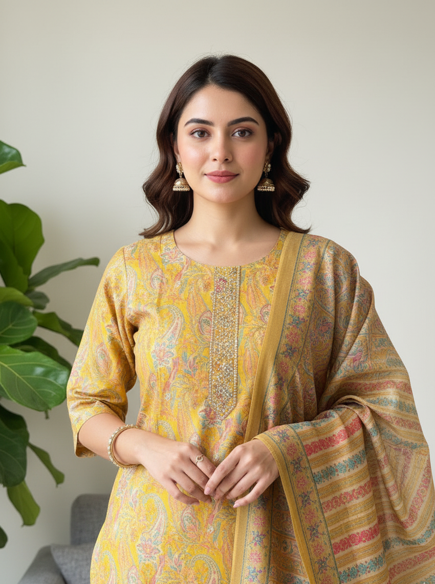 Yellow Chanderi Paisley Kurta Set