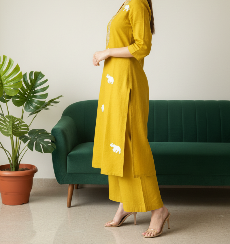 Linen Mustard Elephant Embroidery Co-ord Set