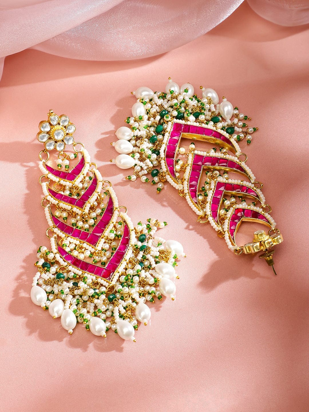 24K Gold-Plated Ruby Pink Kundan & Green Beaded Handcrafted Shoulder Duster Earring