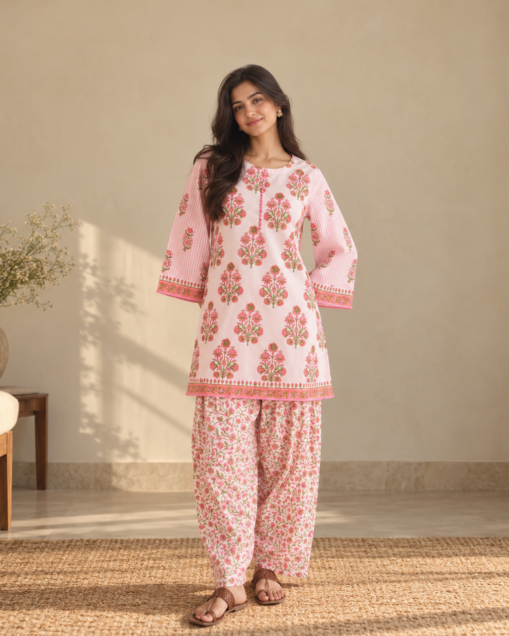 Floral Printed Cotton Kurti and Farshi Set