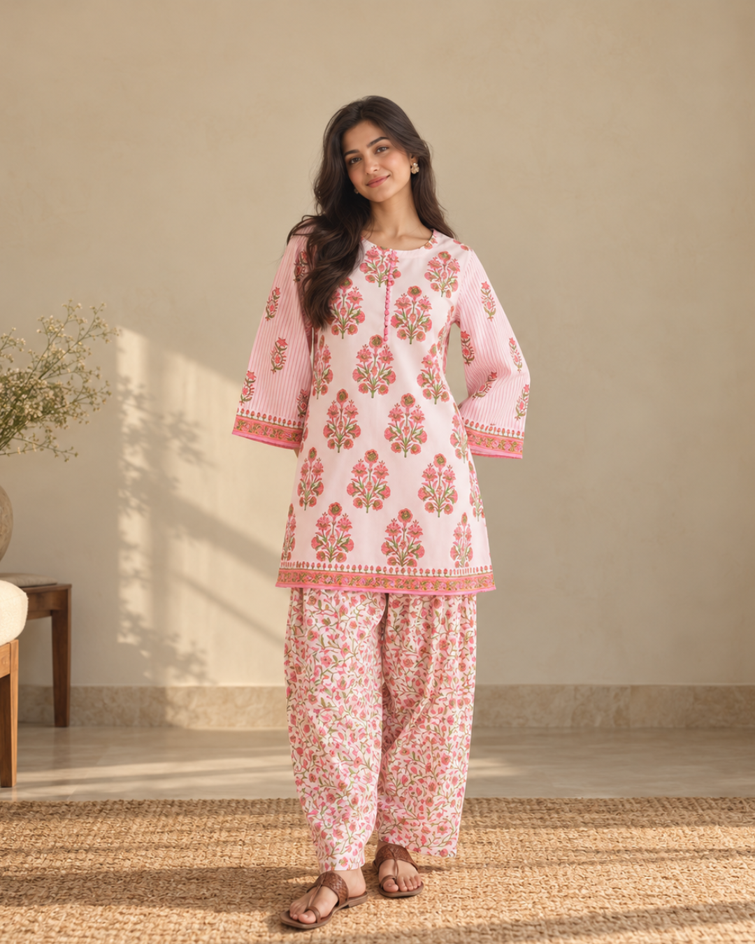 Floral Printed Cotton Kurti and Farshi Set