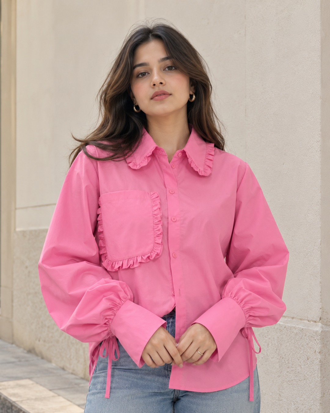 Bubblegum Ruffled Cotton Shirt