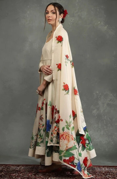 Off-White Silk Chanderi Floral Anarkali Suit Set