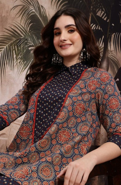 Floral Print Shirt Collar High-Low Side Slits A-Line Top with Palazzos
