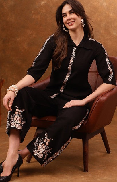 Black Embroidered Tunic With Trousers Co-Ords