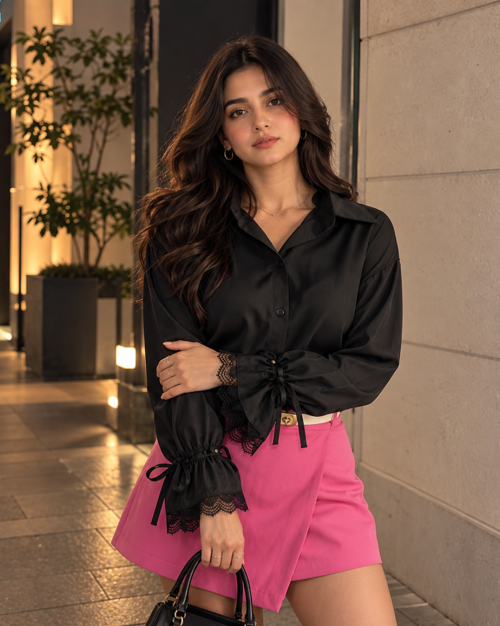 Satin Shirt with Lace Bow Cuffs