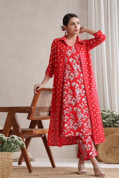 Floral Printed Cotton Tunic With Trouser & Jacket Co-Ords