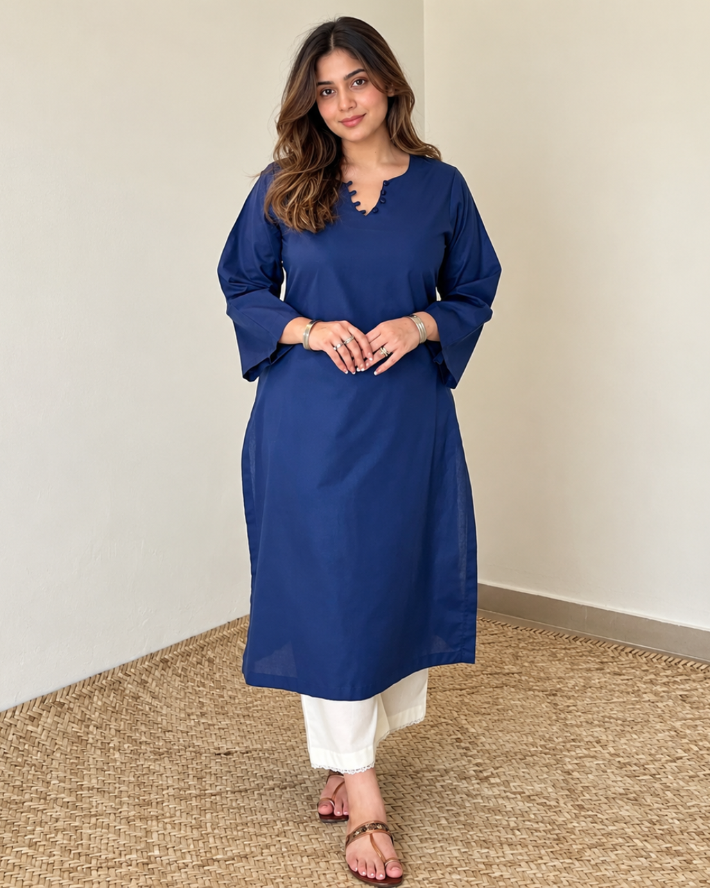 Cotton Long Kurta with Loop-Detail Neckline