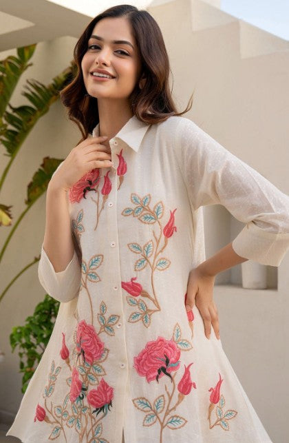 Embroidered Pure Cotton Shirt Collar Top With Trousers Co-Ords Set