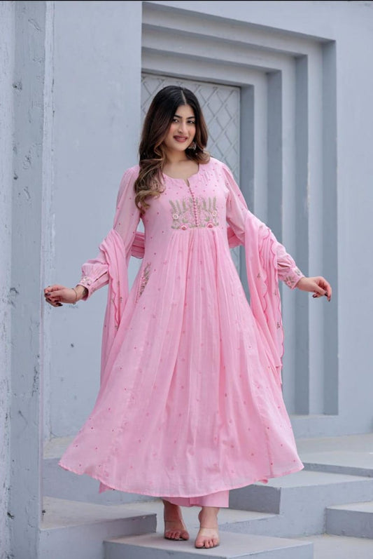 Elegant Cotton Embroidered Kurti Pant Dupatta Set