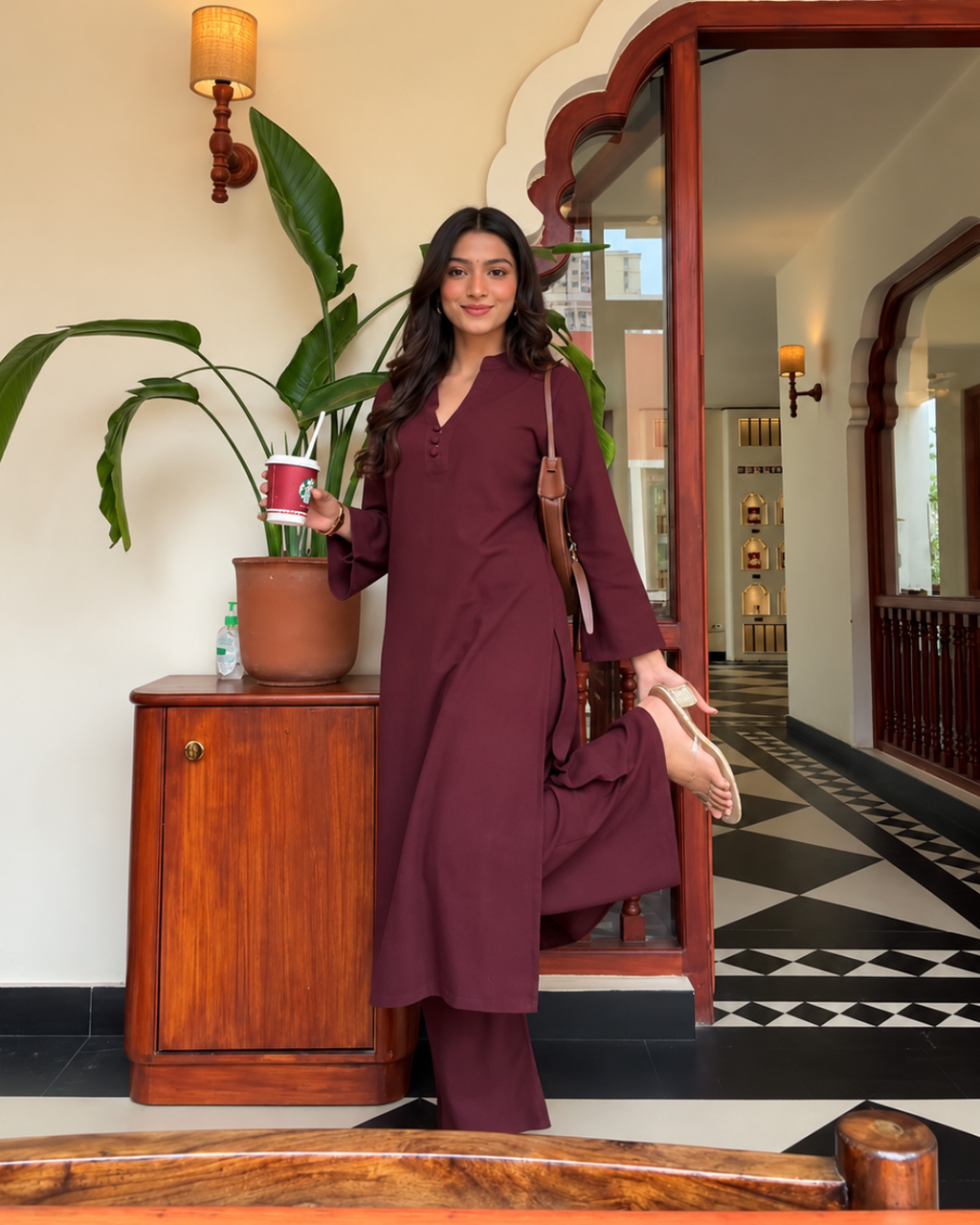 Deep Mulberry Long Kurta and Palazzo Co-ord Set