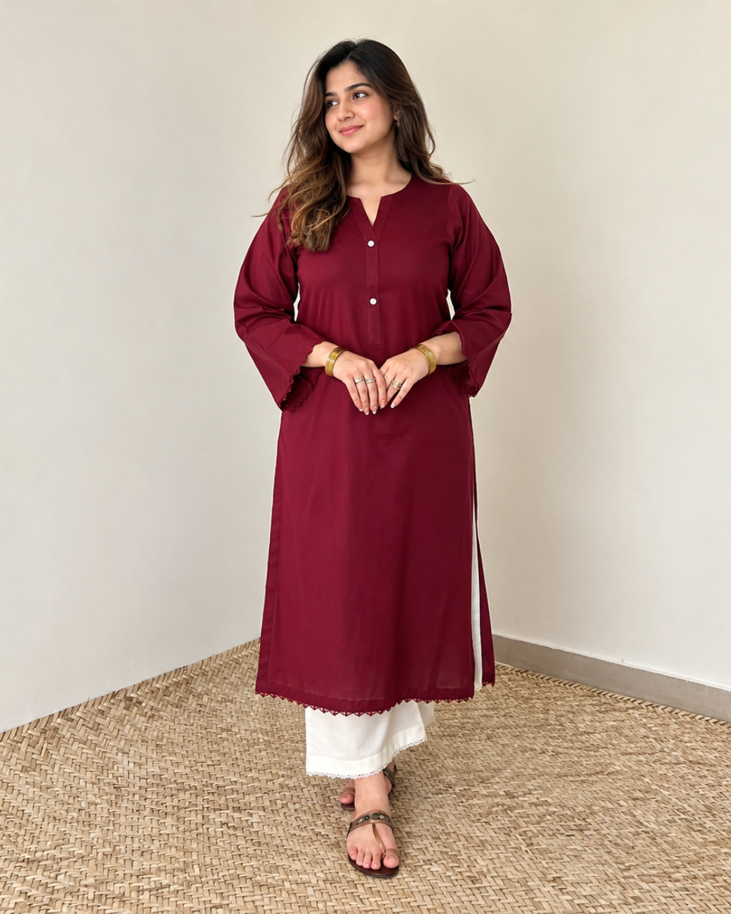 Cotton Long Kurta with Lace Trim and Button Placket