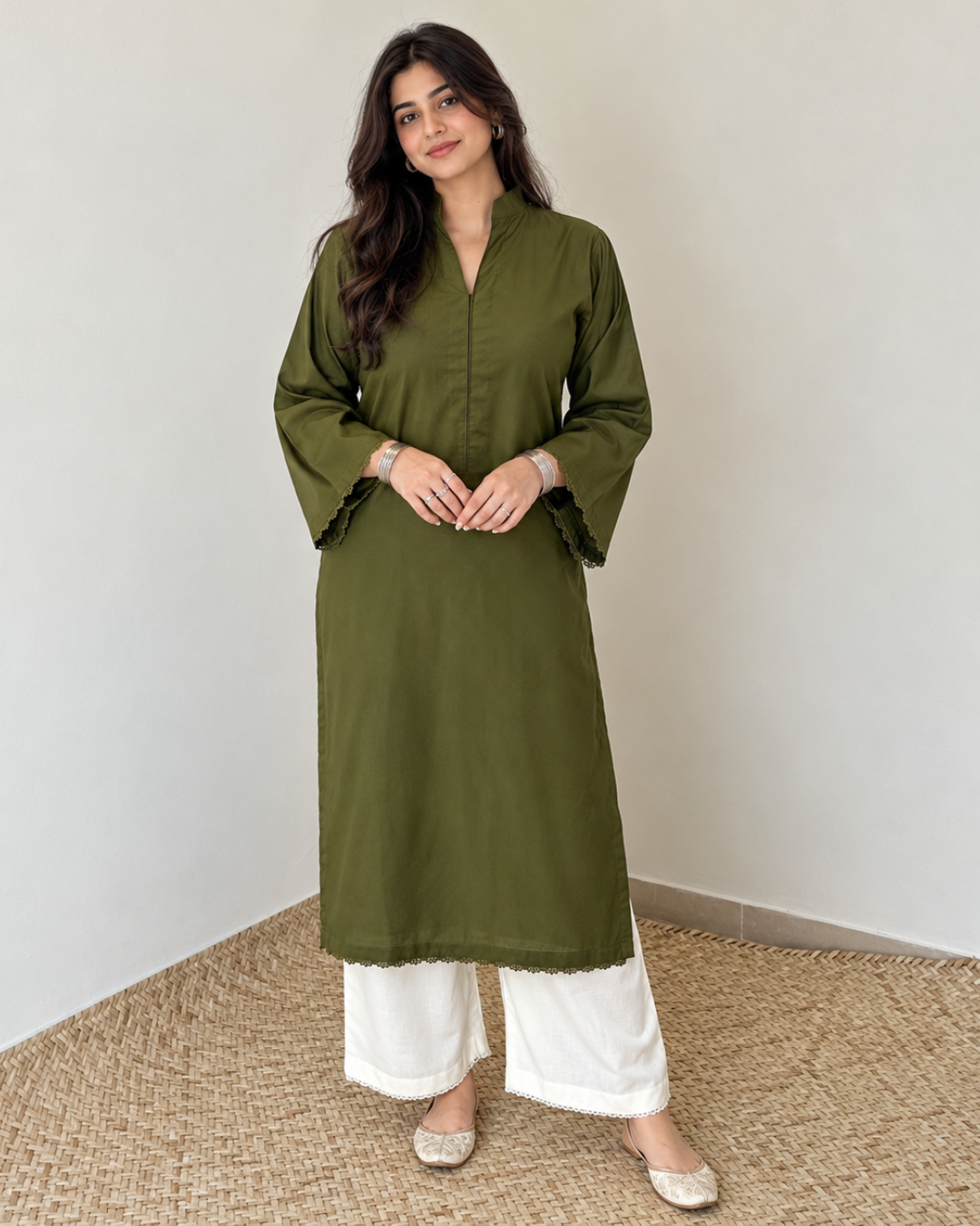 Olive Cotton Long Kurta with Scalloped Lace Trim