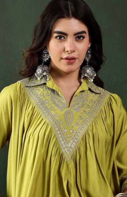 Green Shirt Collar Tunic With Trouser Co-Ords