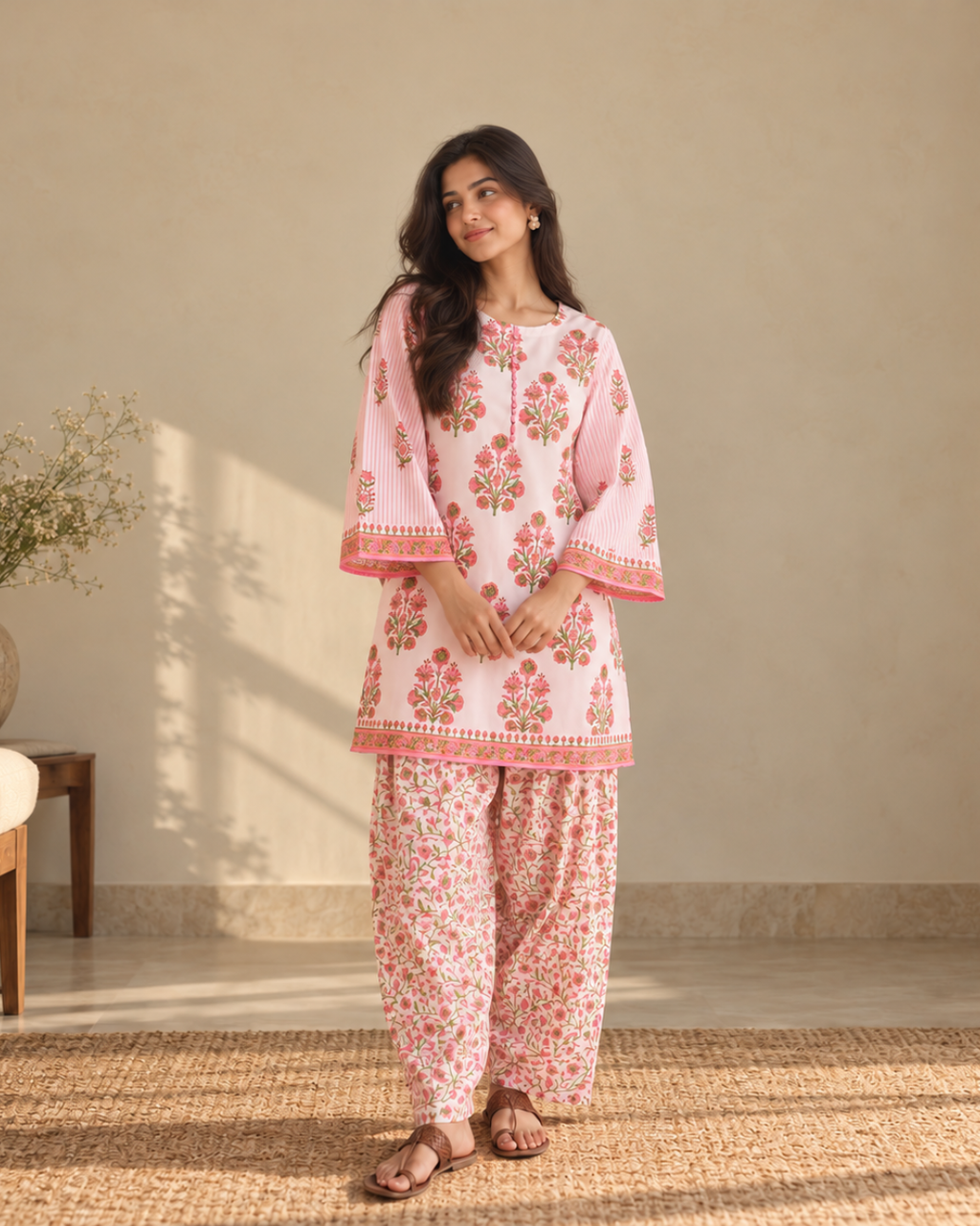 Floral Printed Cotton Kurti and Farshi Set