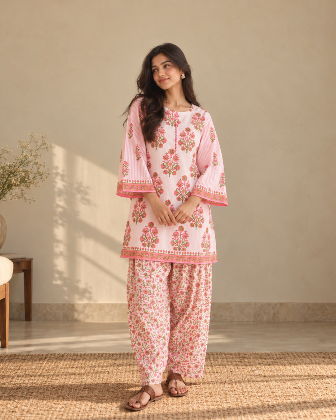 Floral Printed Cotton Kurti and Farshi Set