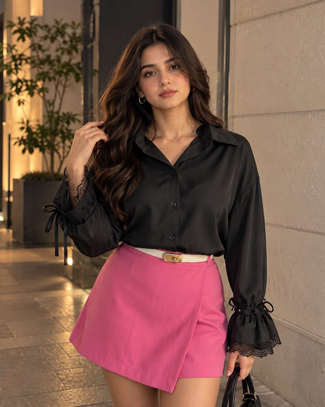 Satin Shirt with Lace Bow Cuffs