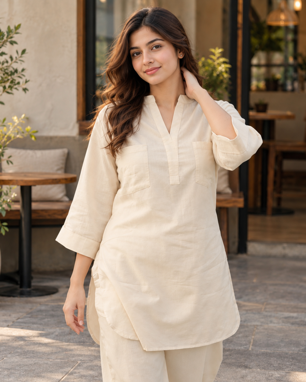 Ivory Linen Viscose Tunic and Trouser Co-ord Set