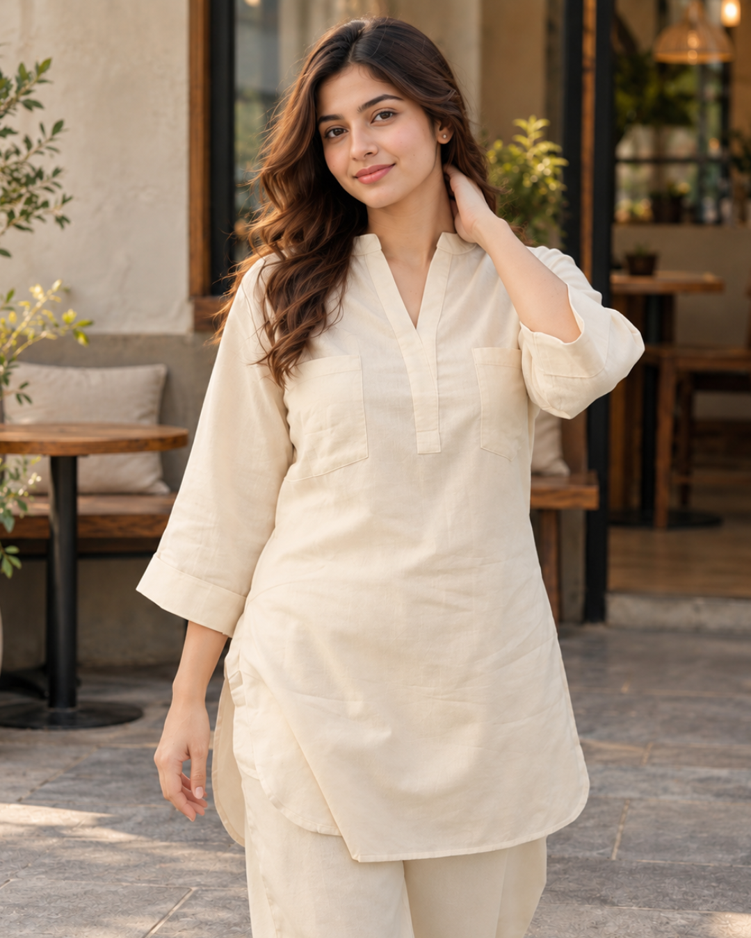 Ivory Linen Viscose Tunic and Trouser Co-ord Set