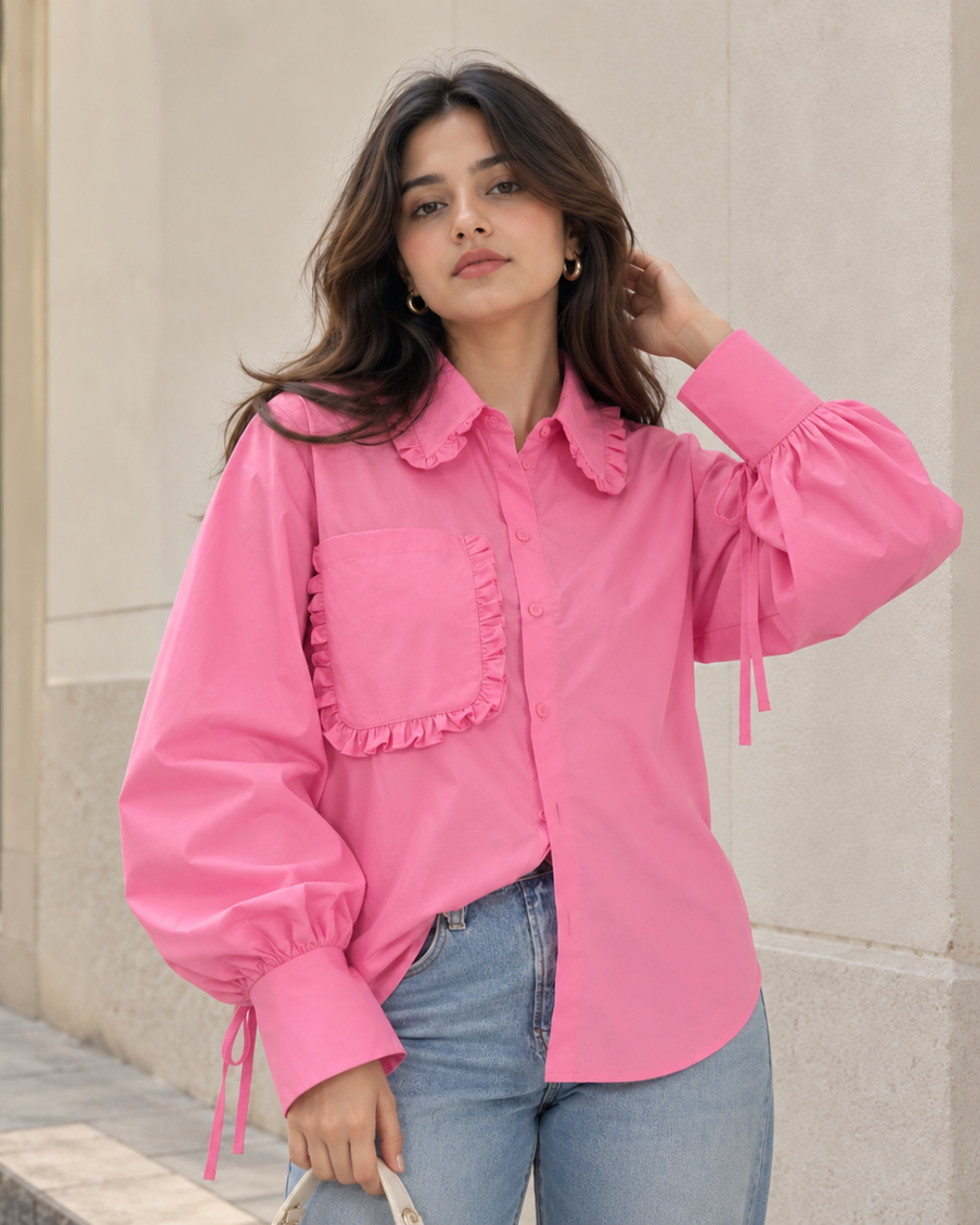 Bubblegum Ruffled Cotton Shirt