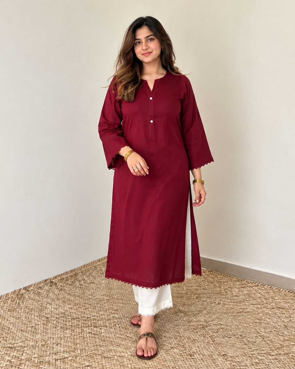 Cotton Long Kurta with Lace Trim and Button Placket