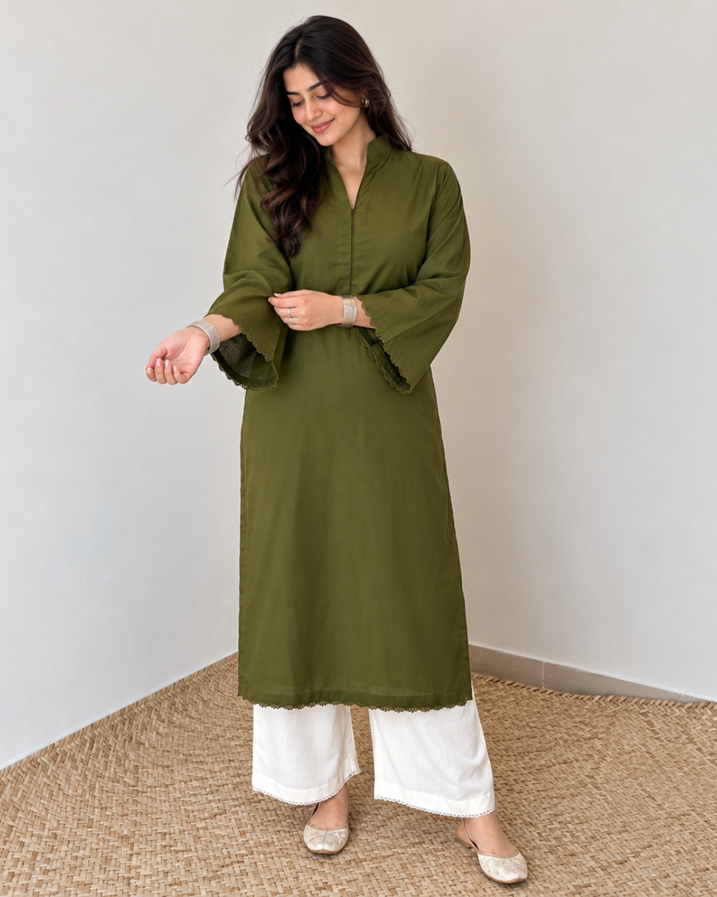 Olive Cotton Long Kurta with Scalloped Lace Trim