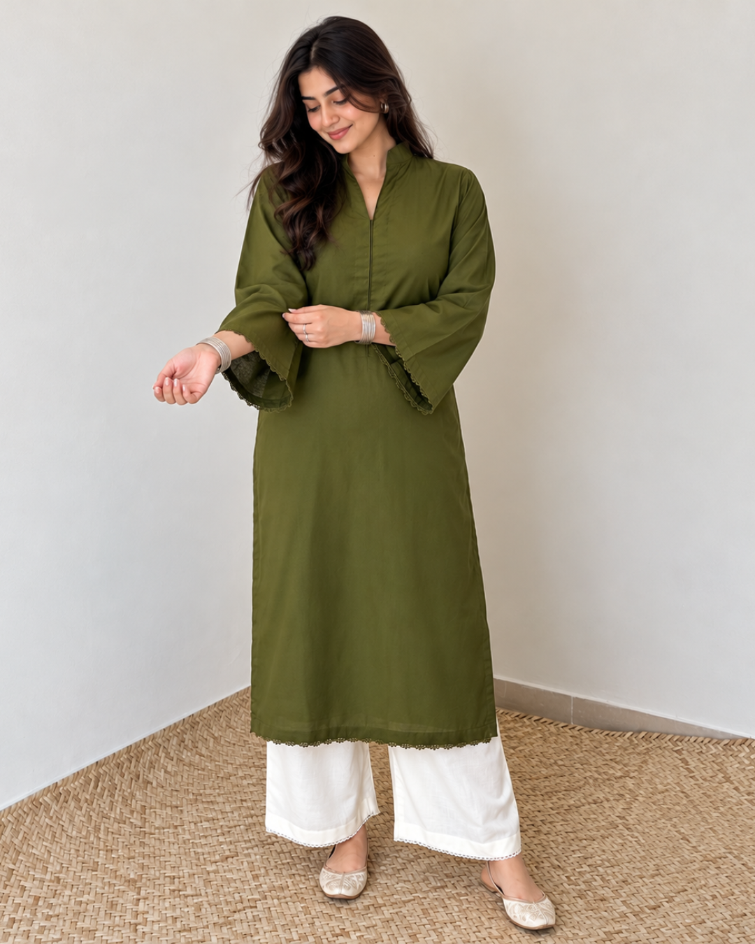 Olive Cotton Long Kurta with Scalloped Lace Trim