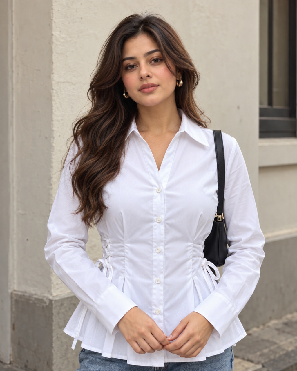 Cotton Peplum Shirt with Side Drawstrings