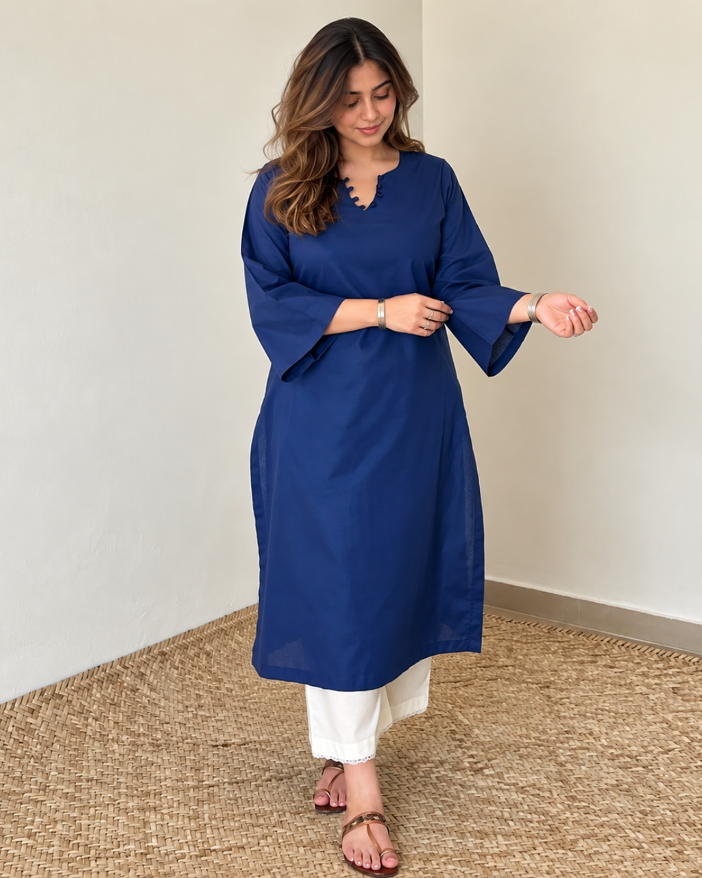 Cotton Long Kurta with Loop-Detail Neckline