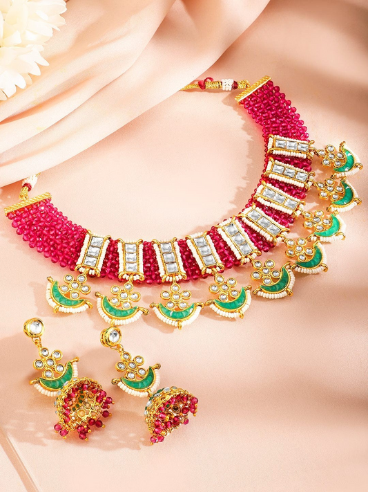 24K Gold-Plated Kundan-Studded & Beaded Jewellery Set