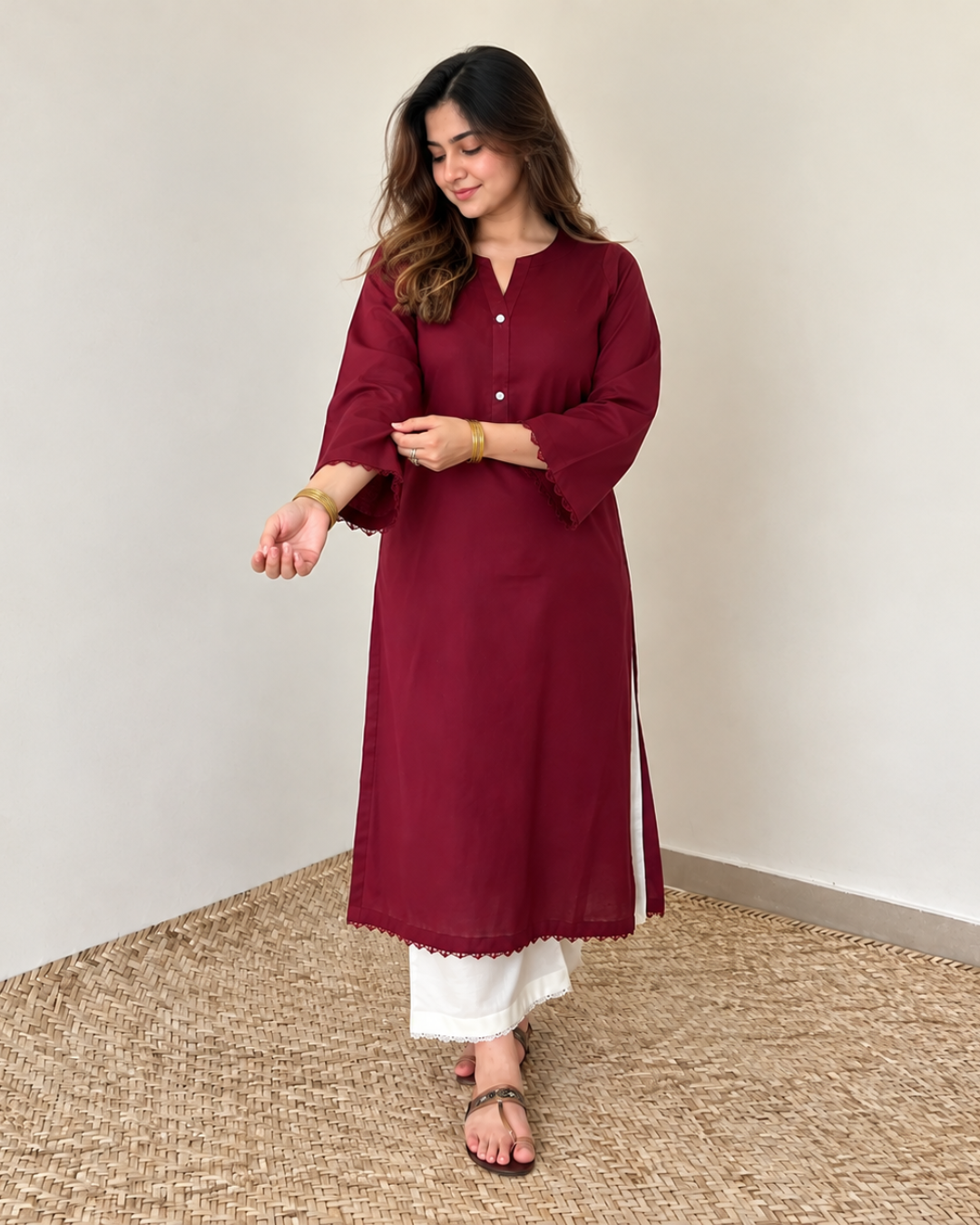 Cotton Long Kurta with Lace Trim and Button Placket
