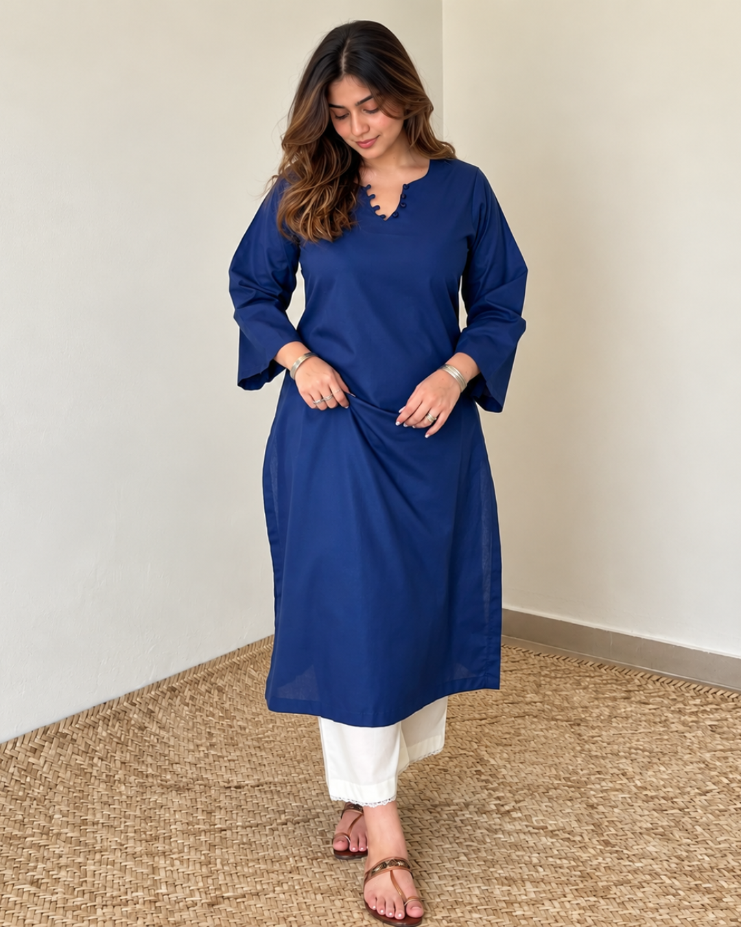 Cotton Long Kurta with Loop-Detail Neckline