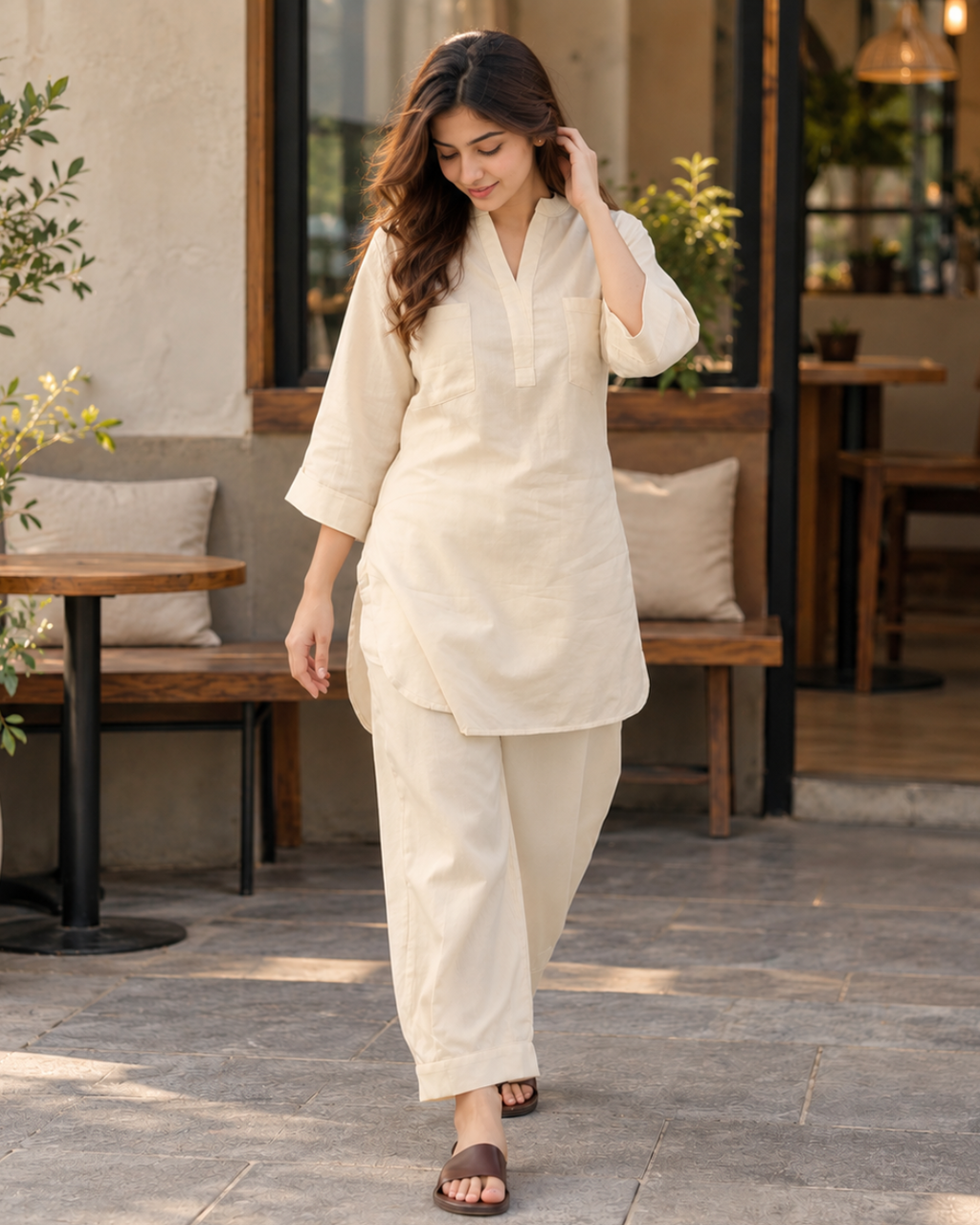 Ivory Linen Viscose Tunic and Trouser Co-ord Set