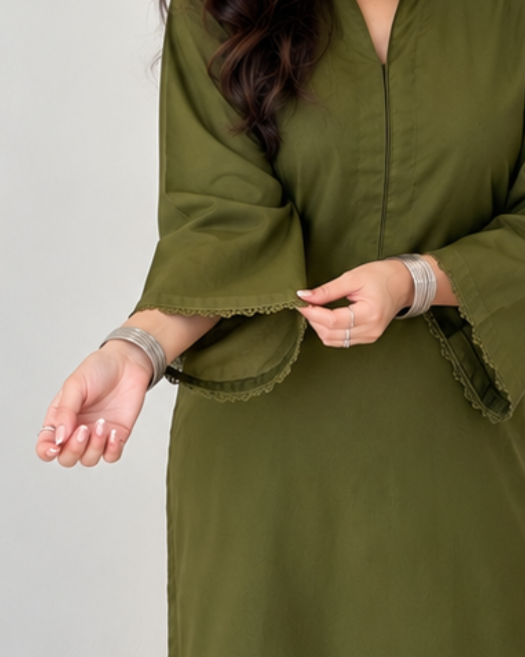 Olive Cotton Long Kurta with Scalloped Lace Trim