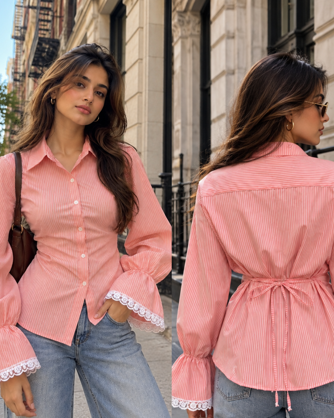Striped Cotton Shirt with Lace Cuffs