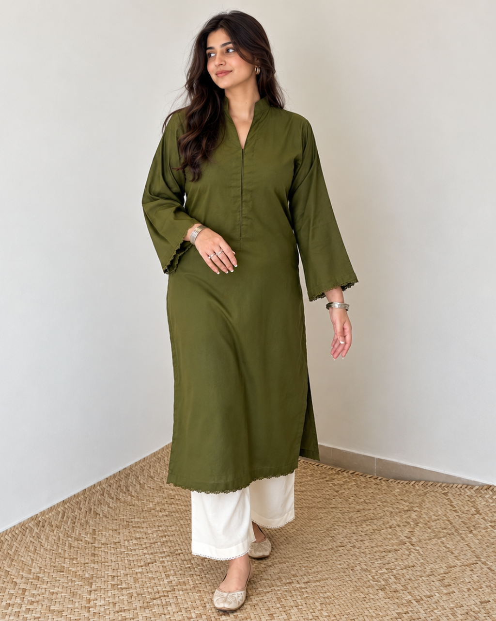 Olive Cotton Long Kurta with Scalloped Lace Trim