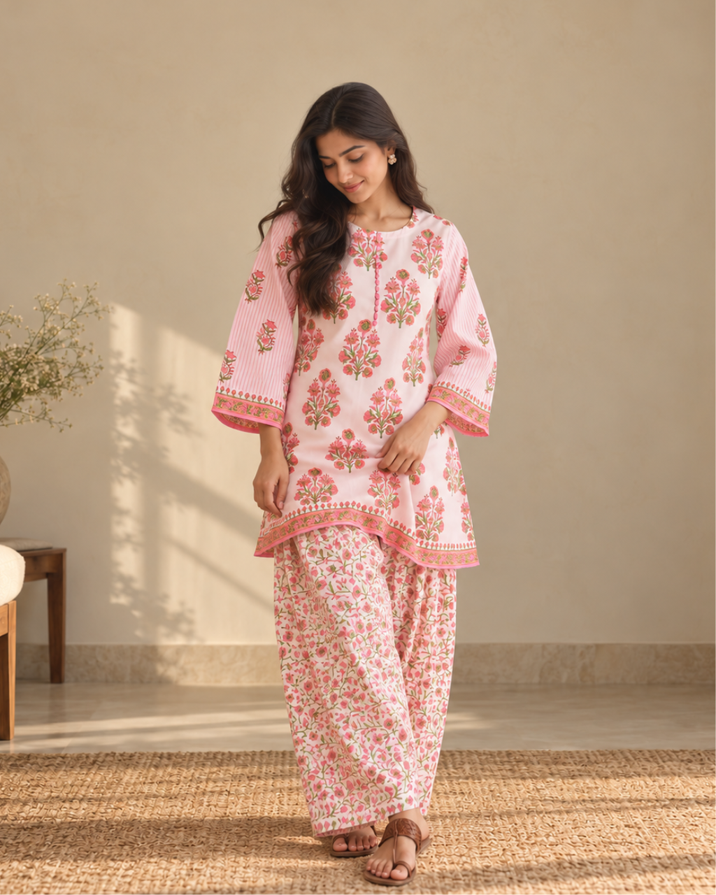 Floral Printed Cotton Kurti and Farshi Set